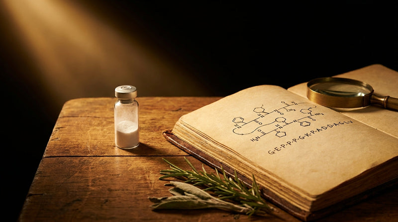 An aged leather research notebook open to a hand-drawn 15-amino-acid peptide chain next to a vial of white lyophilized BPC-157