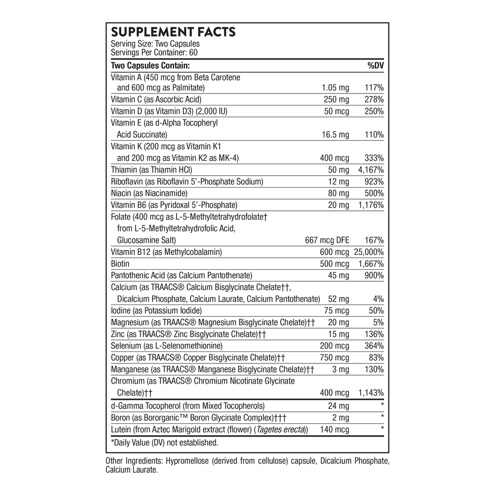 Thorne Basic Nutrients 2/Day supplement facts. Serving size: 2 capsules. 60 servings per container.