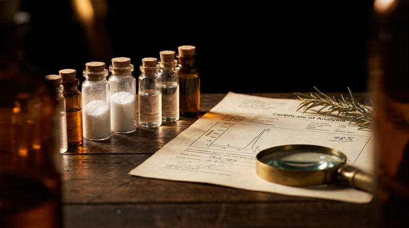A row of glass peptide vials next to an aged Certificate of Analysis showing HPLC results — editorial still life