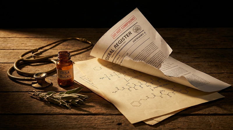A weathered FDA Category 2 document being lifted to reveal scientific peptide diagrams beneath — dark editorial still life