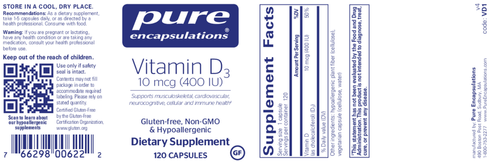 Pure Encapsulations Vitamin D3  10mcg (400IU) — view 2