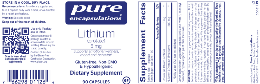 Pure Encapsulations Lithium (Orotate) 5mg — view 2