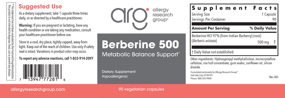 Allergy Research Group Berberine (Berberine HCl) 500 mg — view 2