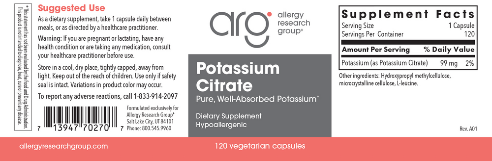 Allergy Research Group Potassium Citrate — view 2