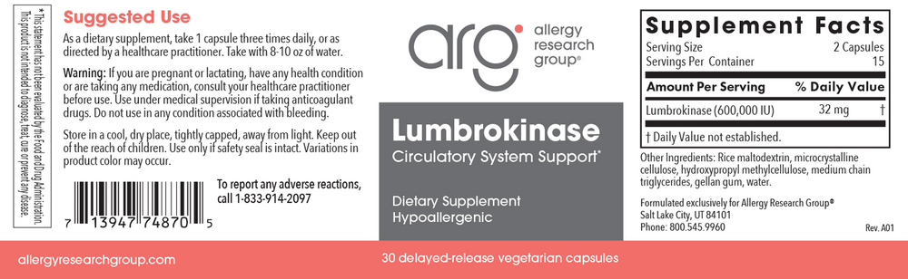 Allergy Research Group Lumbrokinase Circulatory Systemic Enzymes — view 2