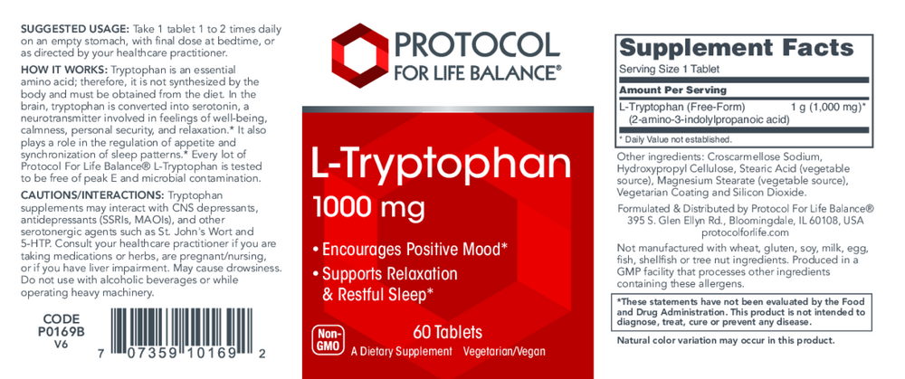 Protocol for Life Balance L-Tryptophan 1000mg — view 2