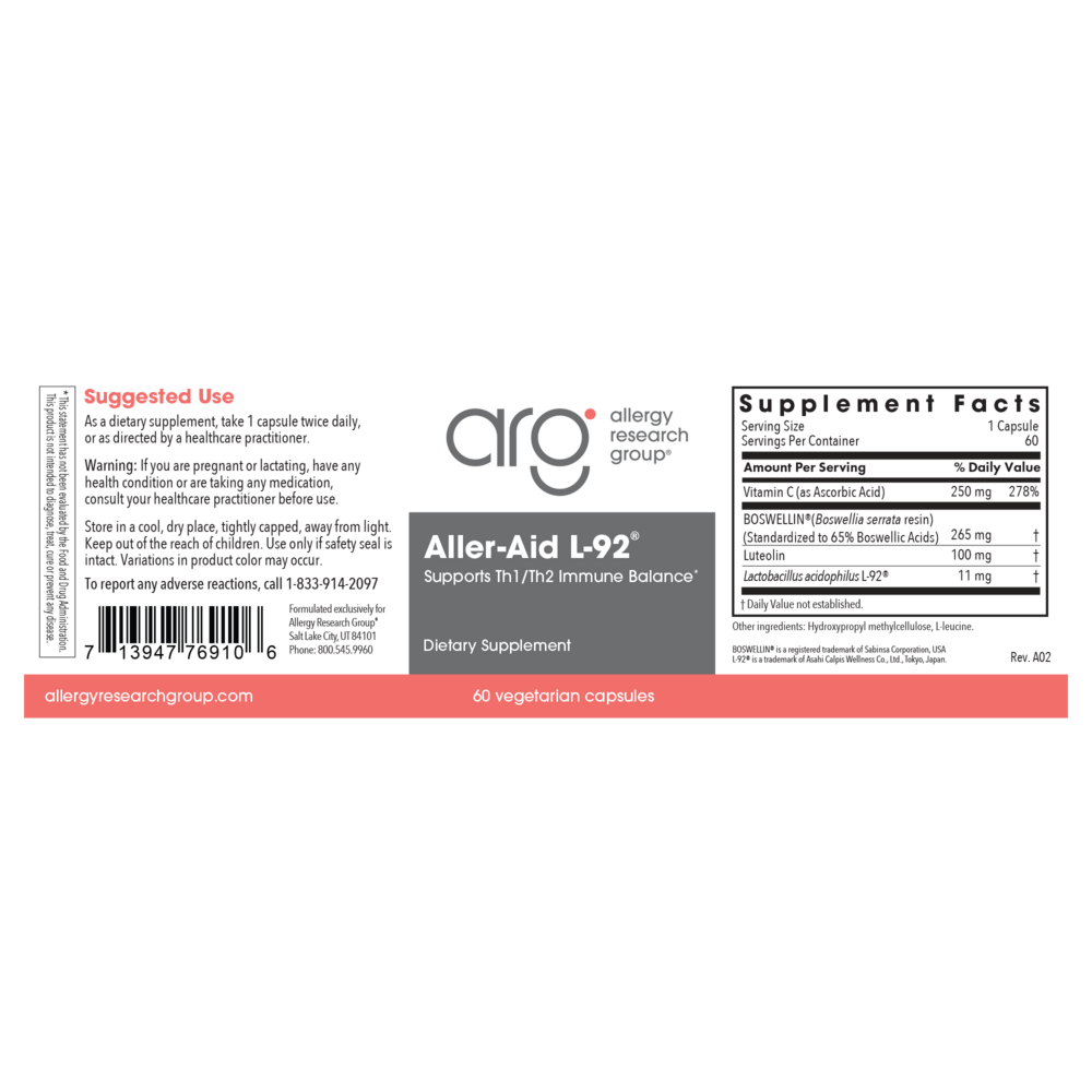 Allergy Research Group Aller-Aid L-92 with L. acidophilus L-92 — view 2