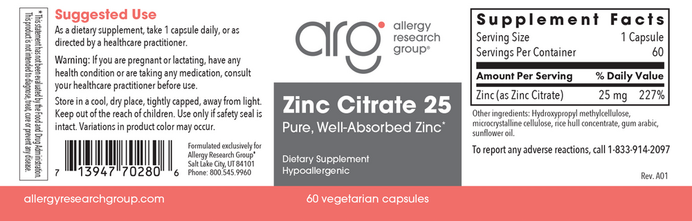Allergy Research Group Zinc Citrate 25mg — view 2