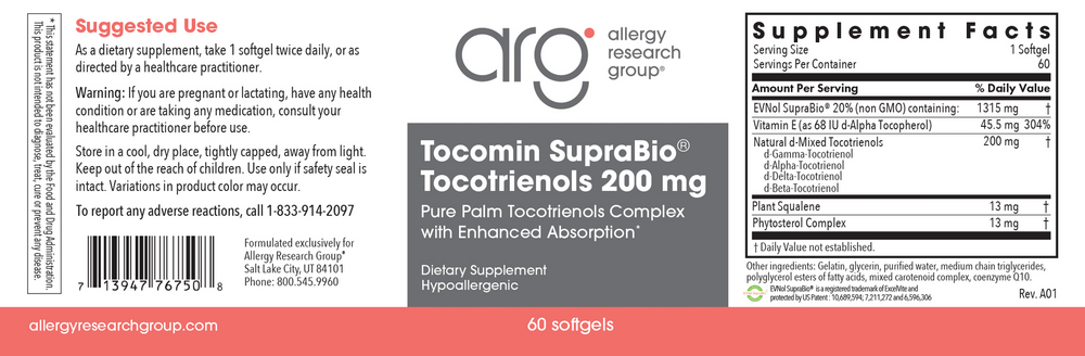 Allergy Research Group Tocomin SupraBio Tocotrienols 200mg — view 2