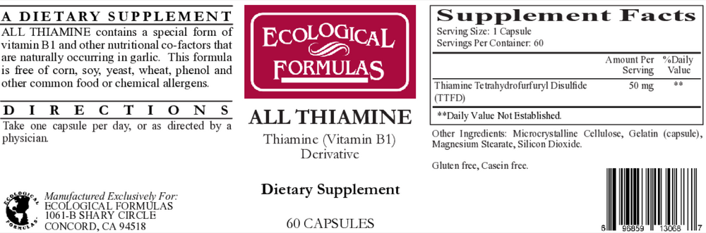 Ecological Formulas/Cardiovascular Research All Thiamine  (fat soluble B1 - TTFD, 50 mg capsule) — view 2
