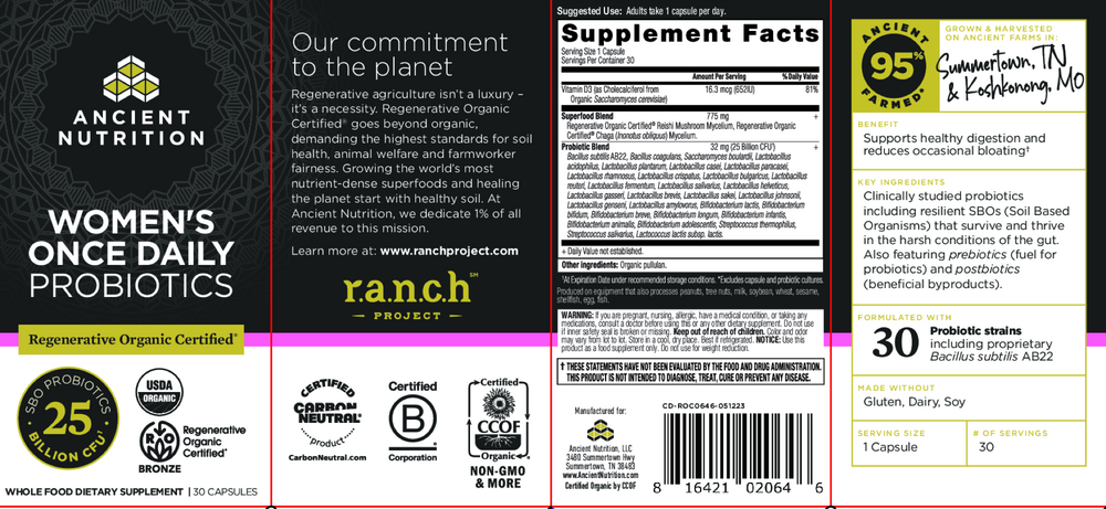 Ancient Nutrition Regenerative Organic Certified Women’s Once Daily Probiotics 25B — view 2