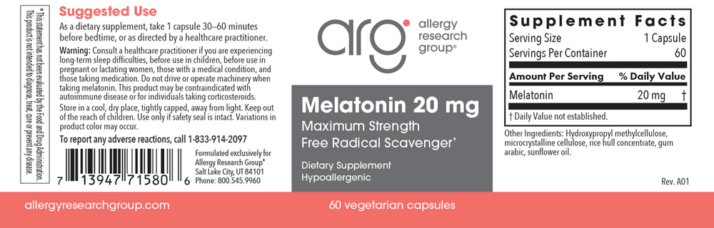 Allergy Research Group Melatonin 20mg — view 2