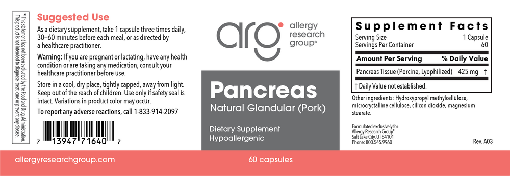 Allergy Research Group Pancreas Natural Glandular Pork — view 2