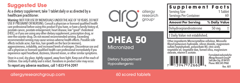 Allergy Research Group DHEA 50mg Micronized Lipid Matrix — view 2